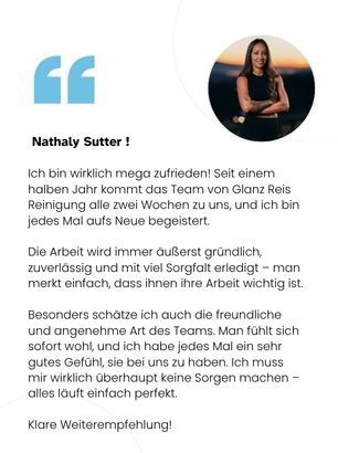 Ich bin wirklich mega zufrieden! Seit einem halben Jahr kommt das Team von Glanz Reis Reinigung alle zwei Wochen zu uns, und ich bin jedes Mal aufs Neue begeistert. Die Arbeit wird immer äußerst g